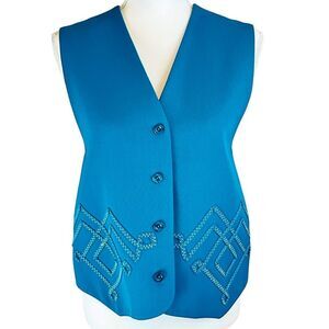 Vintage I B DIFFUSION French Blue‎ Wool Vest Button Front 8 Zig Zag Ribbon